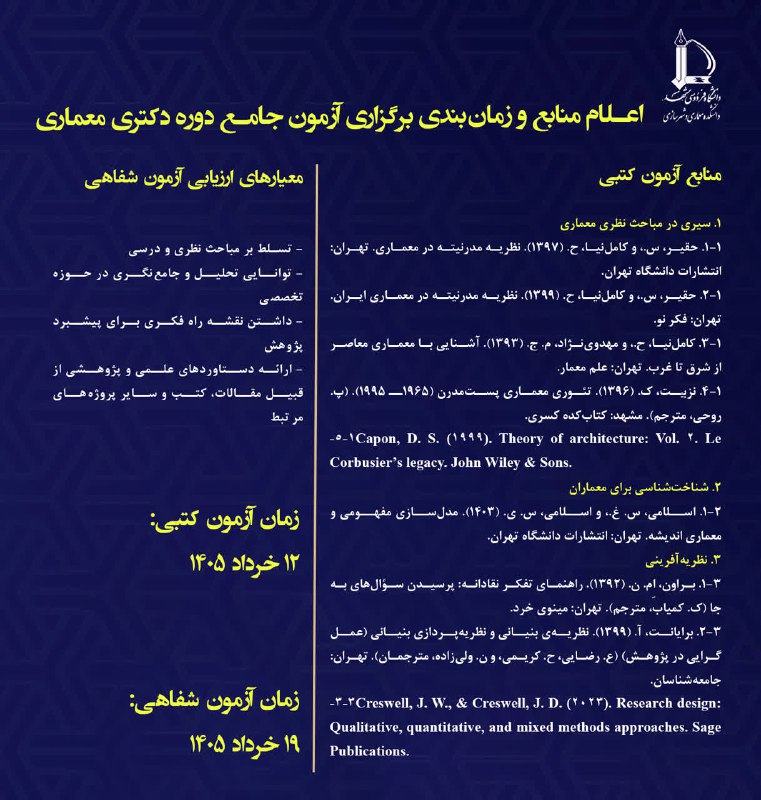 اعلام منابع و زمان بندی برگزاری آزمون جامع دوره دکتری معماری…