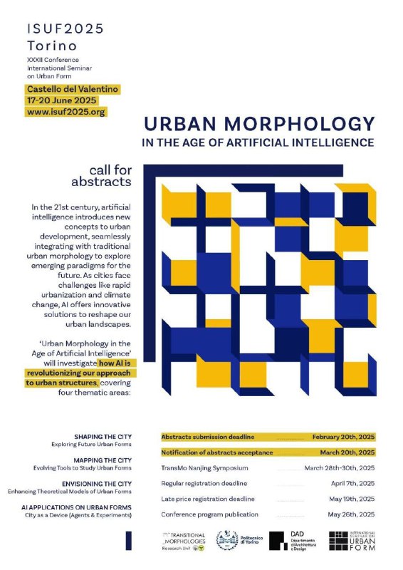 مهلت ارسال چکیده برای همایش ISUF2025 تا ۲۰ فوریه (اول اسفند) تمدید شد. همایش ایسوف با محوریت ریختشناسی شهری از سوی نها… مهلت ارسال چکیده برای همایش ISUF2025 تا ۲۰ فوریه (اول اسفند) تمدید شد. همایش ایسوف با محوریت ریختشناسی شهری از سوی نها…